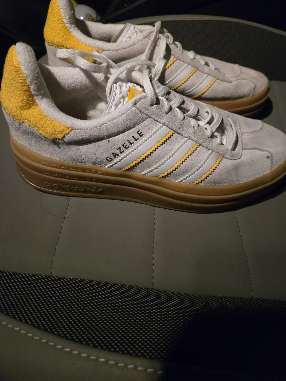 Adidas Gazelle Platform Womens Suede Sneakers - White with Yellow Accents, Size